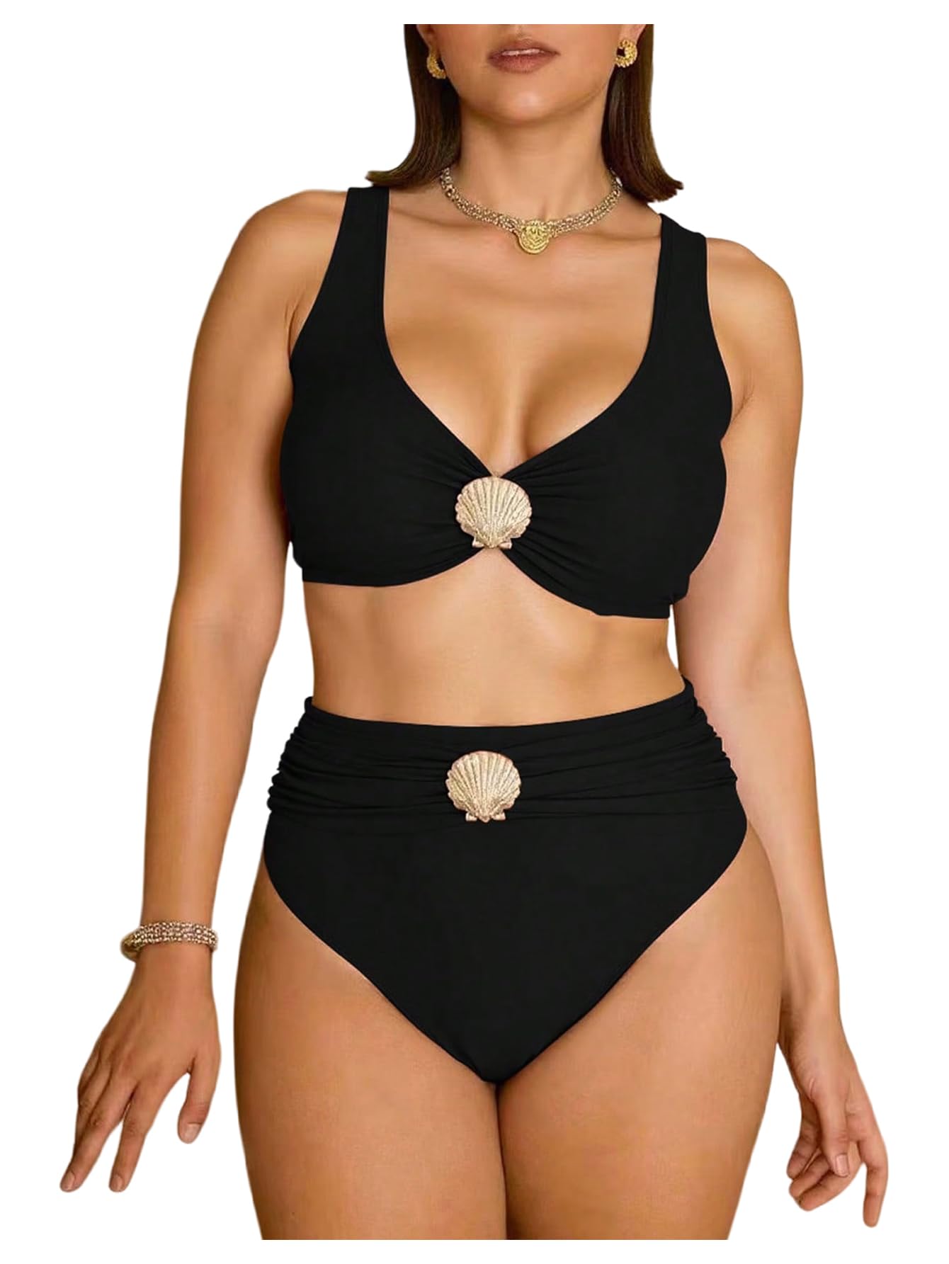 Set Bikini A Vita Alta Taglie Forti da Donna Costumi da Bagno con Volant con Conchiglia in Metallo Costume da Bagno con Spalline Larghe Nero 3X-Large Plus(4X-Large Plus)