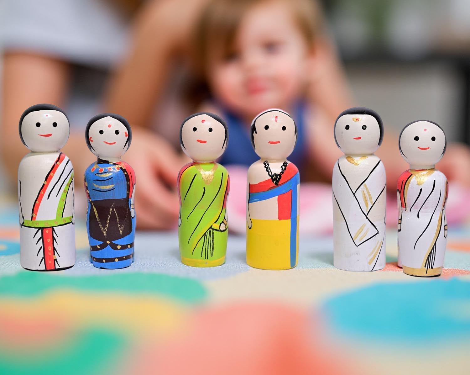 Channapatna Toys Wooden Peg Dolls South Indian Couples Non Toxic Colors (2 Years+) - Set of 6 Wooden Dolls | Pretend Play, Open Ended Toys