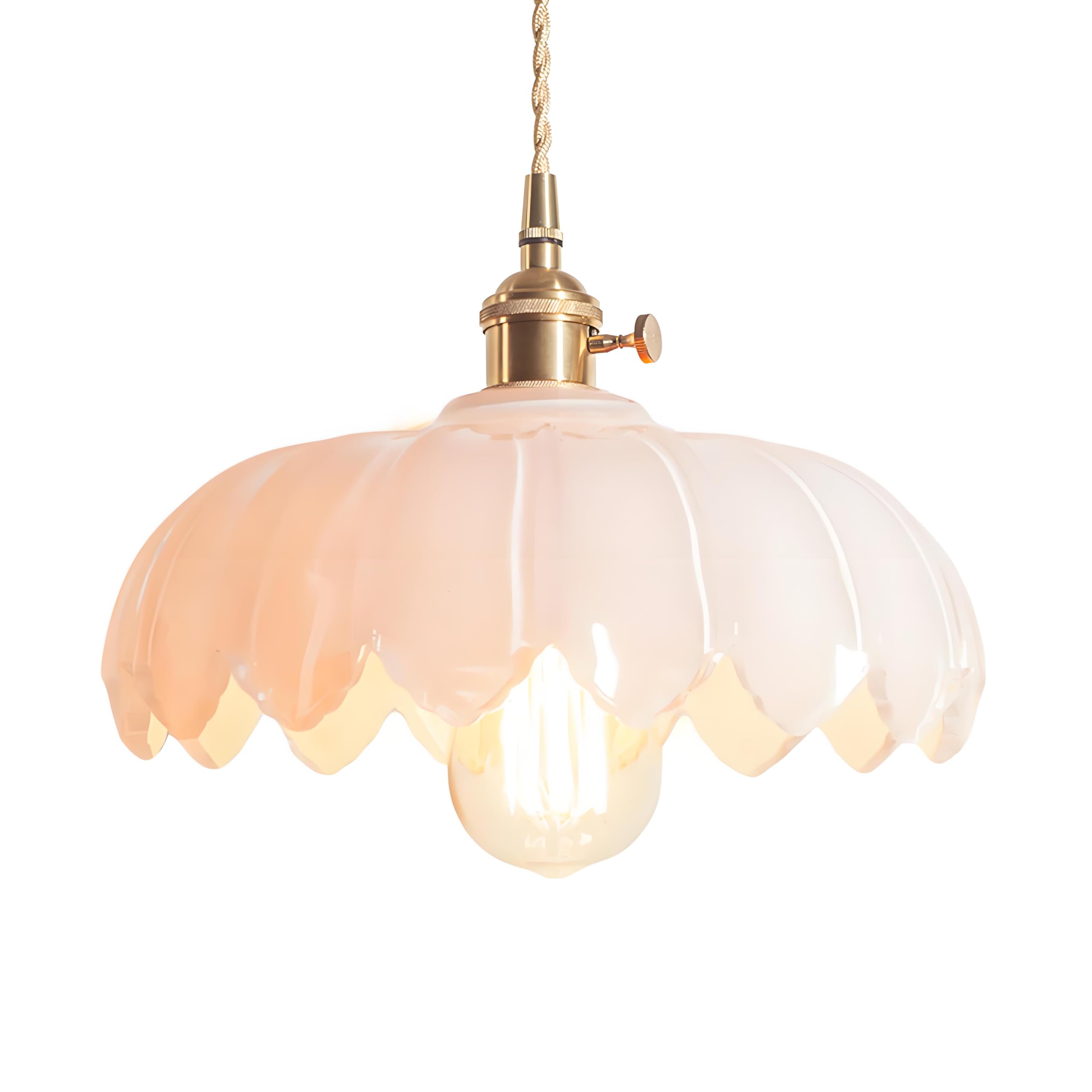 Nicrx White 25Cm Industrial Vintage Pendant Lighting Fixture Glass Lotus Lamp Shade Pendant Light Chandelier E27 Brass Finish Ceiling Hanging Lamp (White)