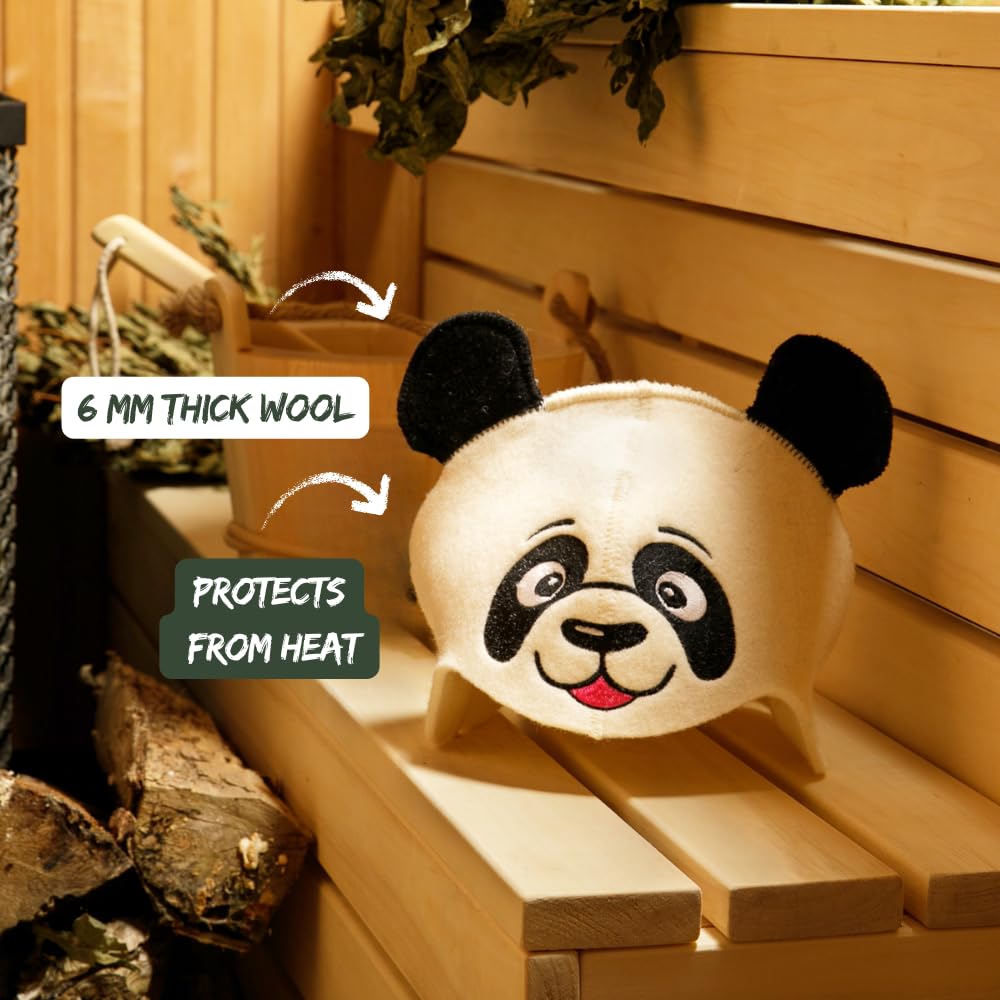 Saunahut 'Sauna Panda' White - 100% organische Wollfilzmützen - Schützen Sie Ihren Kopf vor Hitze - Englische Sauna E-Book Handbuch inklusiv - mit Stickerei