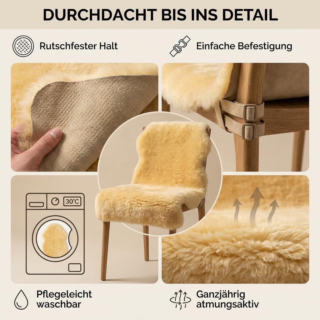 50x150cm Sesselauflage Lammfell - Weich, warm & atmungsaktiv | echtes Premium Schaffell, medizinisch gegerbt & chromfrei | Ideal für Senioren, Sessel, Bett oder Rollstuhl.