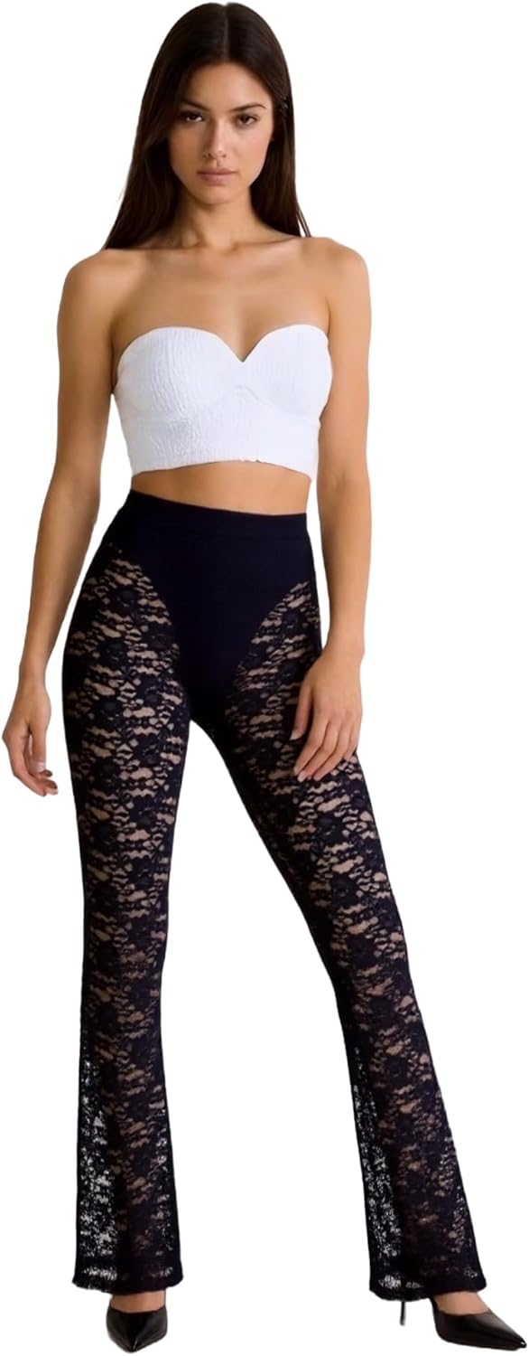 Lace Flare Pants for Women, See Through Mini Bell Bottom Black Sexy Sheer Leggings High Waisted Club Party Trousers - Image 6