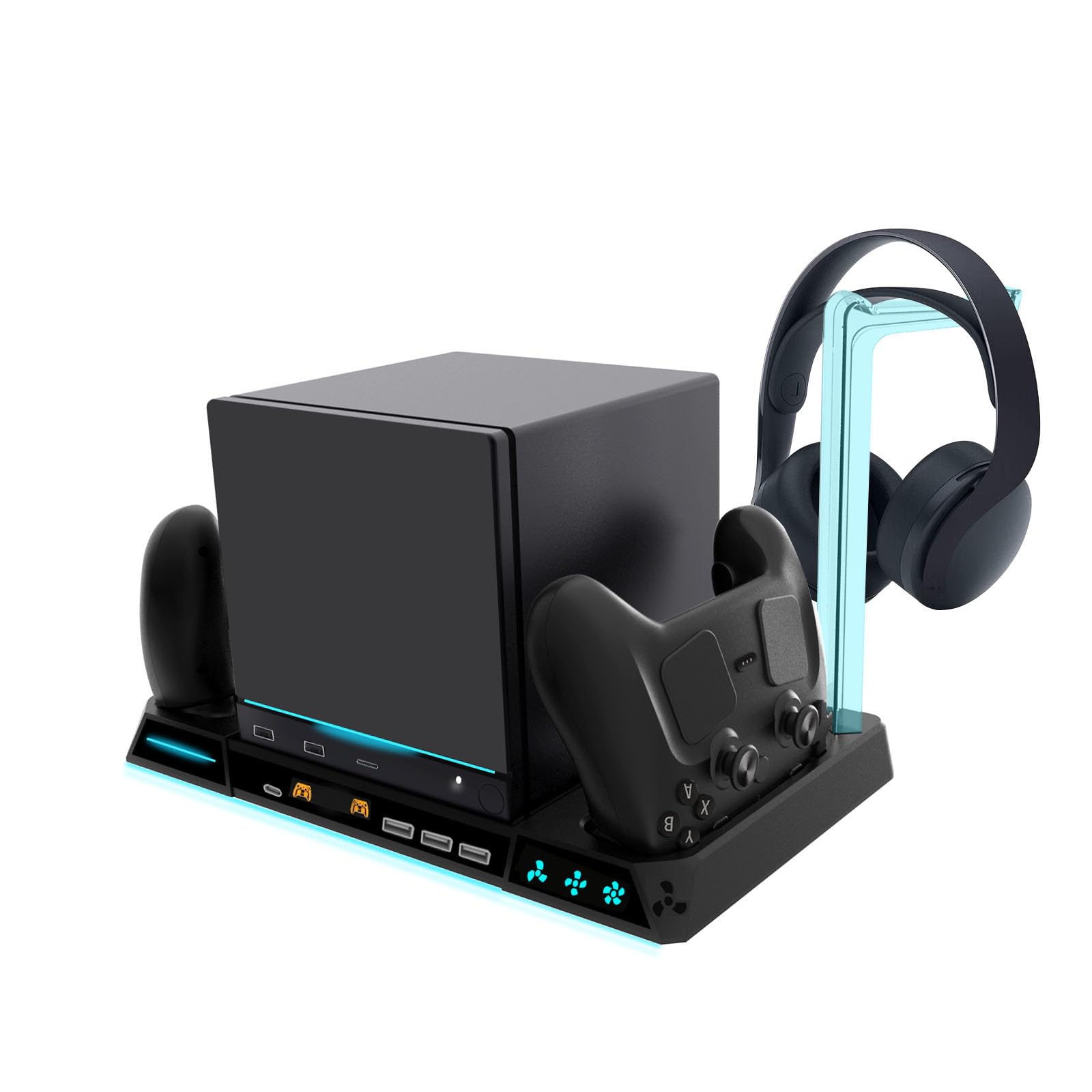 Base de carga para máquina de vapor con ventilador de refrigeración de 3 velocidades, luces RGB, 2 cargadores de controlador, hub USB, soporte para auriculares