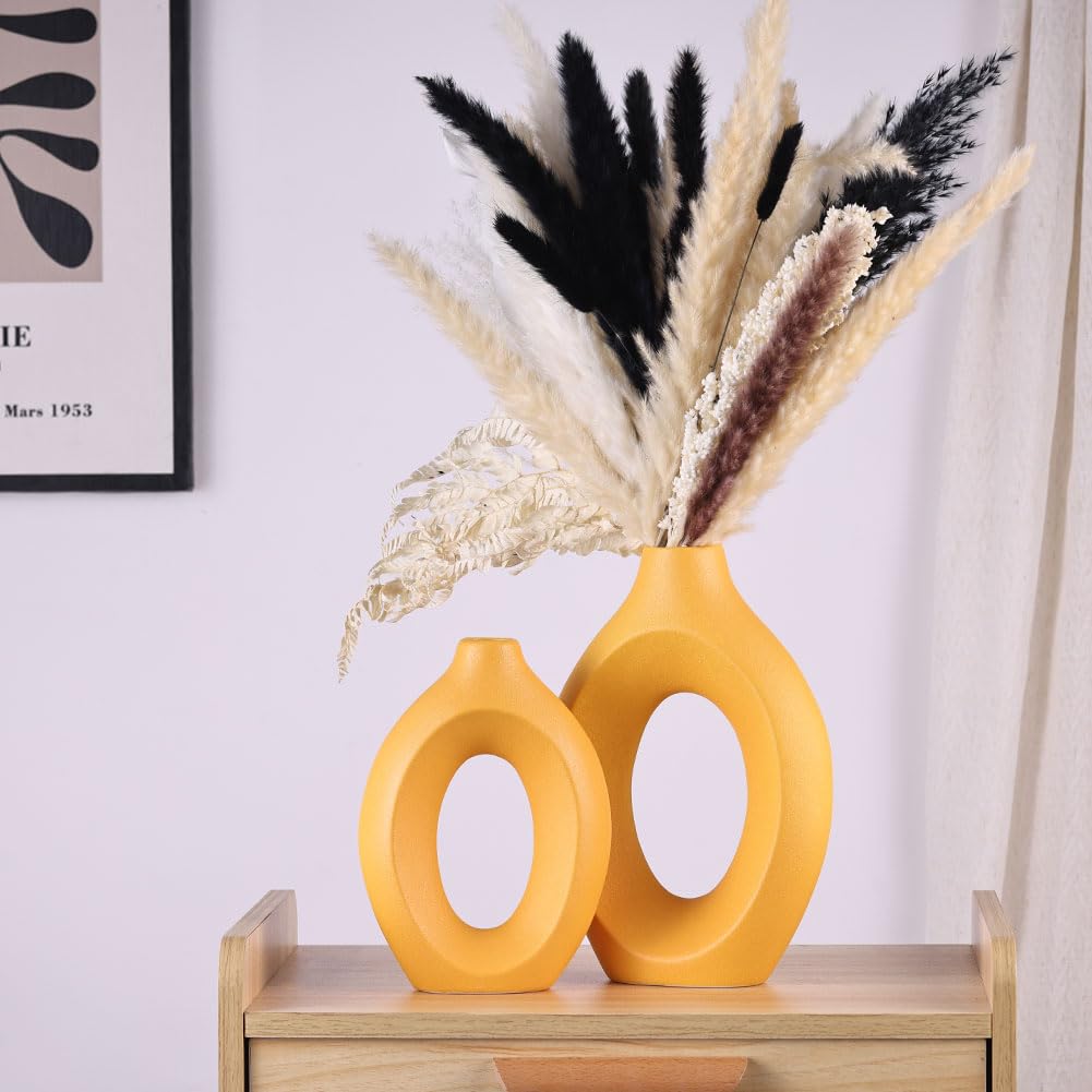 Set di 2 Vasi Gialli, Moderni Vasi in Ceramica Opaca e Cava Gialla, Vaso Decorativo in Stile Boho con Erba Pampa per Soggiorno, Matrimonio, Camera da Letto, Cucina, Tavolo da Pranzo e Ufficio