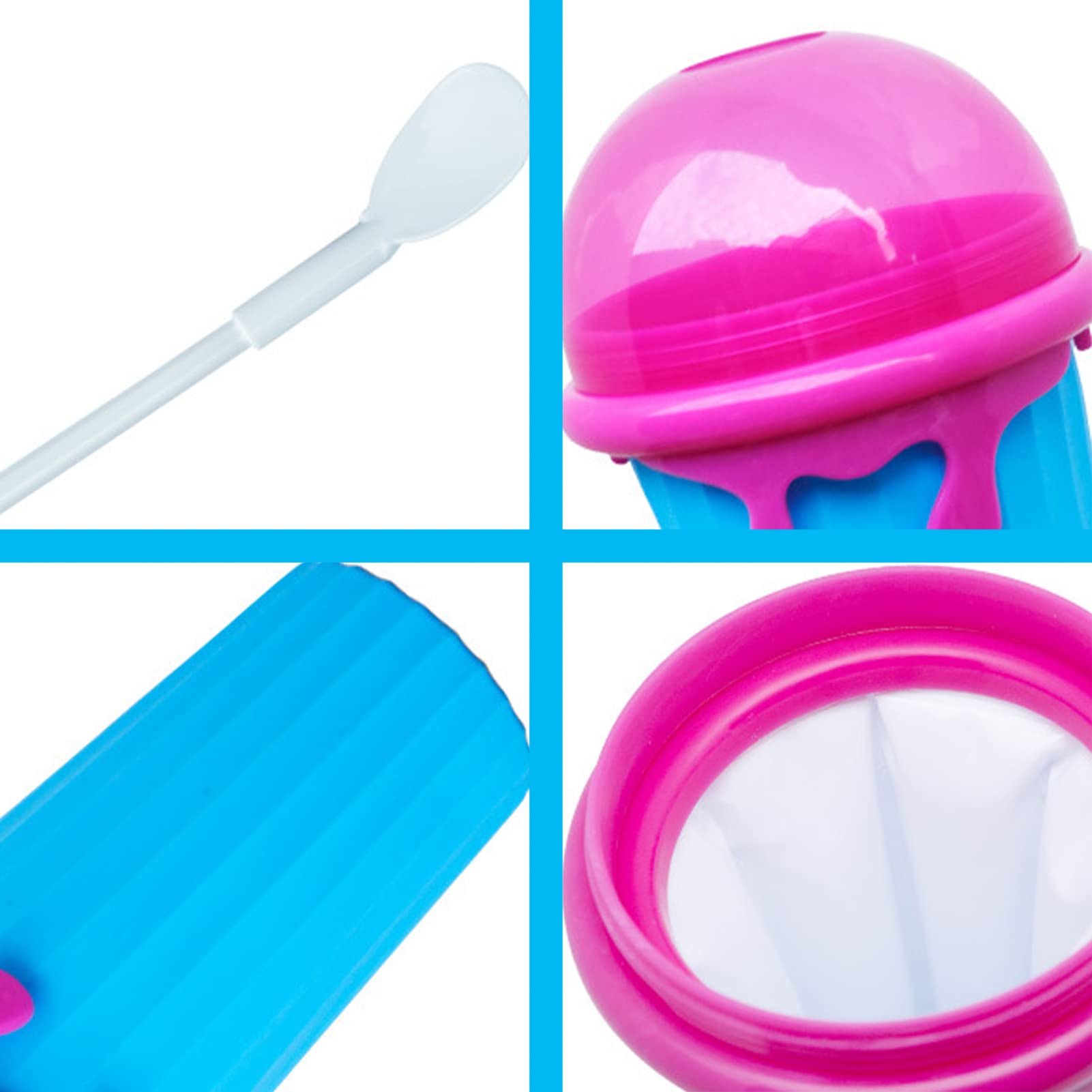 Gobelet à slush en silicone - Gobelet à presser - Gobelet à glace - Pour pétrir des smoothies congelés - Pour l'été - Avec cuillère à paille - Pour une délicieuse glace slush (bleu)