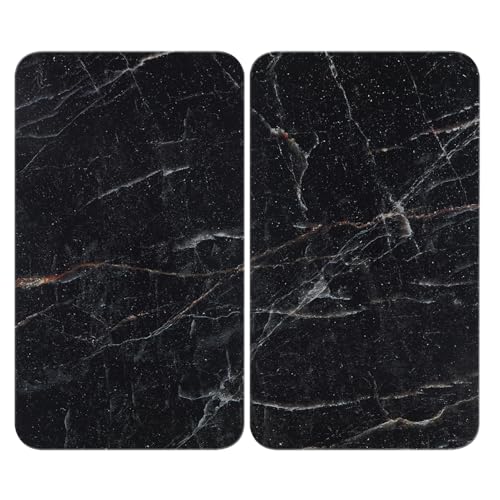 WENKO Herdabdeckplatte Universal Mod. Marmor Schwarz, höhenverstellbar für alle Herdarten, Schneidebrett und Spritzschutz, Glas, 30 x 52 cm, 2-teilig