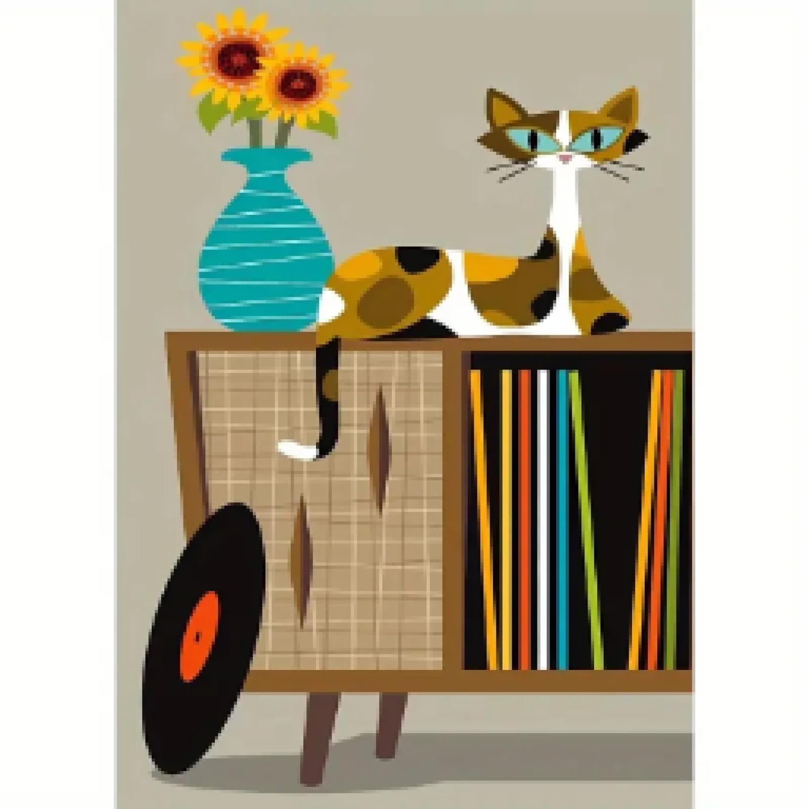 TONGYINLI Elegancki kot na płótnie druk na płótnie, stary gramofon płyta winylowa retro design plakat ścienny salon dekoracja domu miłośnik kotów ramka 70 x 110 cm