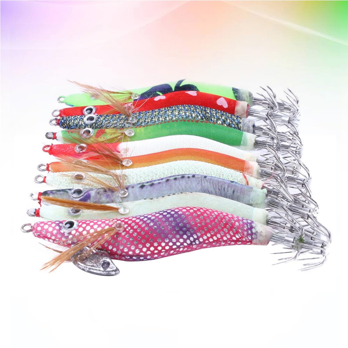 YARNOW Set 10 Pezzi Ganci Esca da Pesca Calamaro e Gambero in Plastica e Acciaio, Realistici e Vividi, per Pesca in Mare, Confezionati in Scatola Compatta