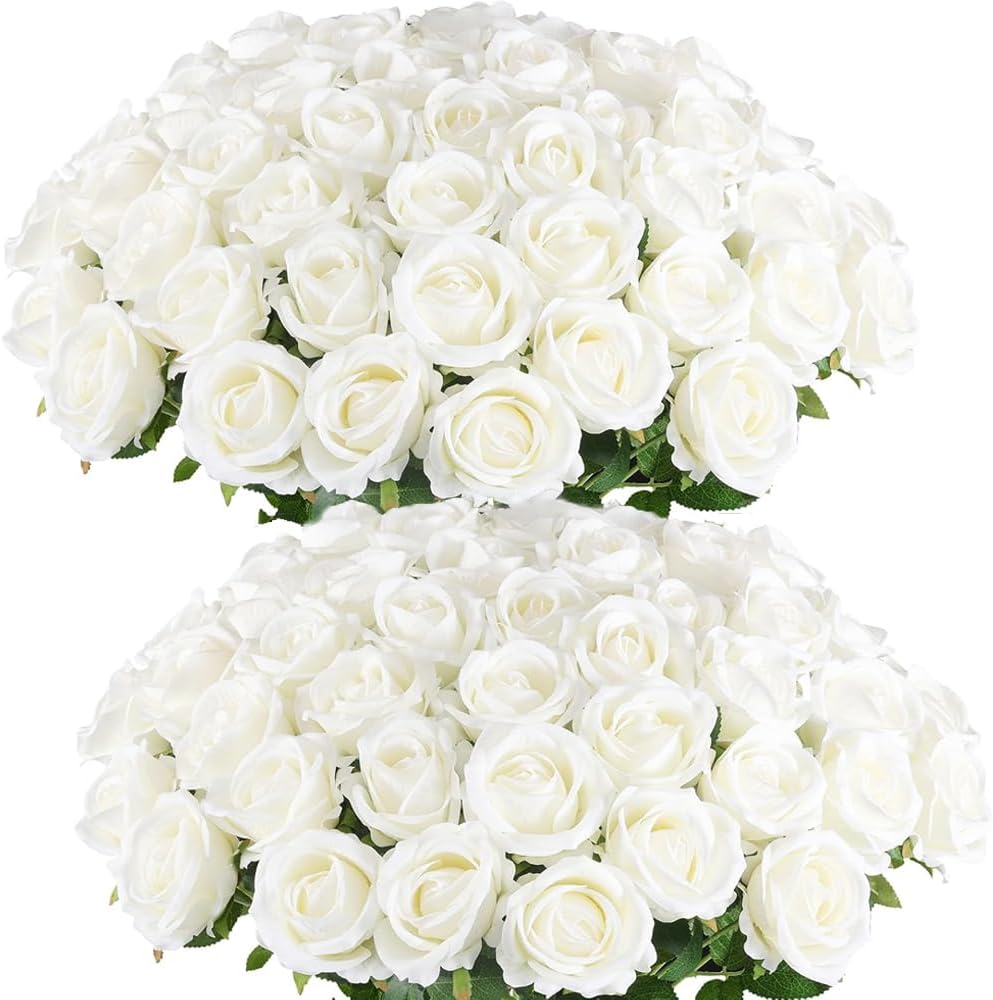 Jasion 50PCS Artificial Roses Realistic Velvet Flowers Long Stem Faux Silk Flower Bouquet for Easter Wedding Home Party Table Centerpieces Decoration (White)