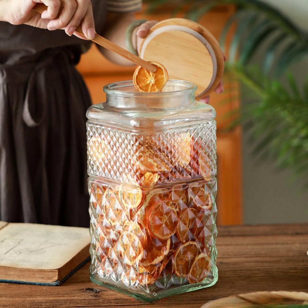 ANSQU 0.87 Gallon /111.5oz Glass Jar with Bamboo Lid, Large Cookie Jar, Glass Food Storage Container, Large Kitchen Canisters for Flour, Cereal, Coffee, Pasta and Canning, Square Mason Jars