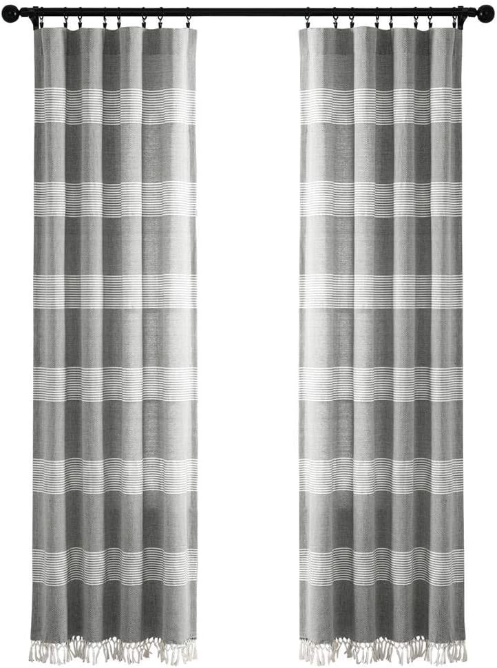 Lush Decor Tucker Stripe Yarn Dyed Cotton Knotted Tassel Window Curtain Panel Pair, 95" x 40", Gray