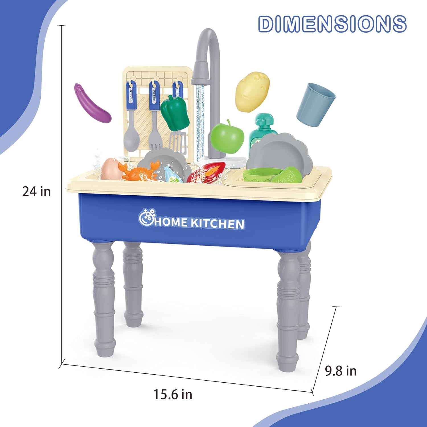 deAO Play Kitchen Toy Sink Toys with Cutting Food,Dishwasher Playing Toy with Running Water, Role Playing Game Pretend Food,44 PCS Kitchen Accessories Set for 3 4 5 Years Old Girls Boys Blue