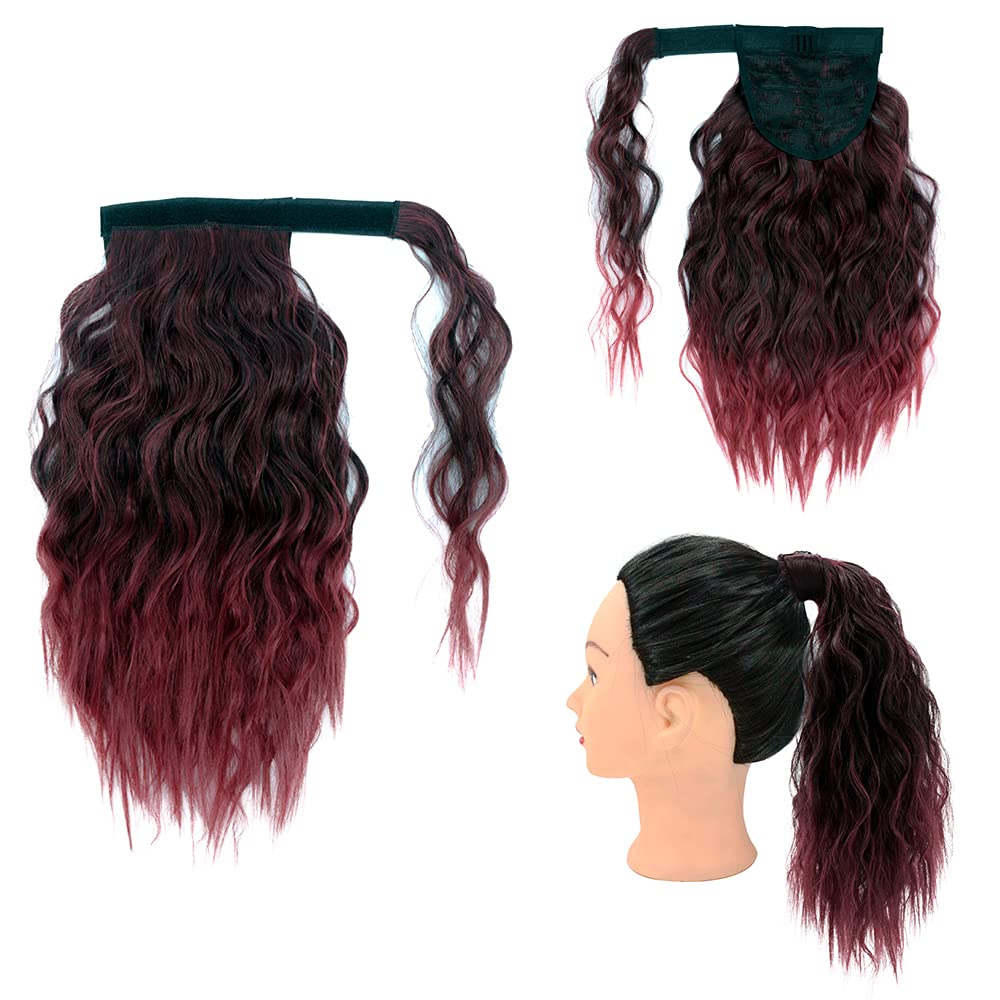Yinmei Baibian Ombre Burgundy Ponytail Hair Extensions Short Curly Wavy Ponytail Hairpieces for Women Synthetic Wrap Around Clip in on Pony Tail