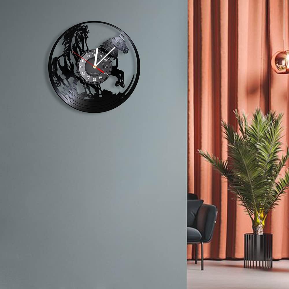 Running Horses Vinyl Record Wall Clock Horse Silhouette Laser Etched Album Music Record Silent Quartz Wall Watch Horseman Home Decor