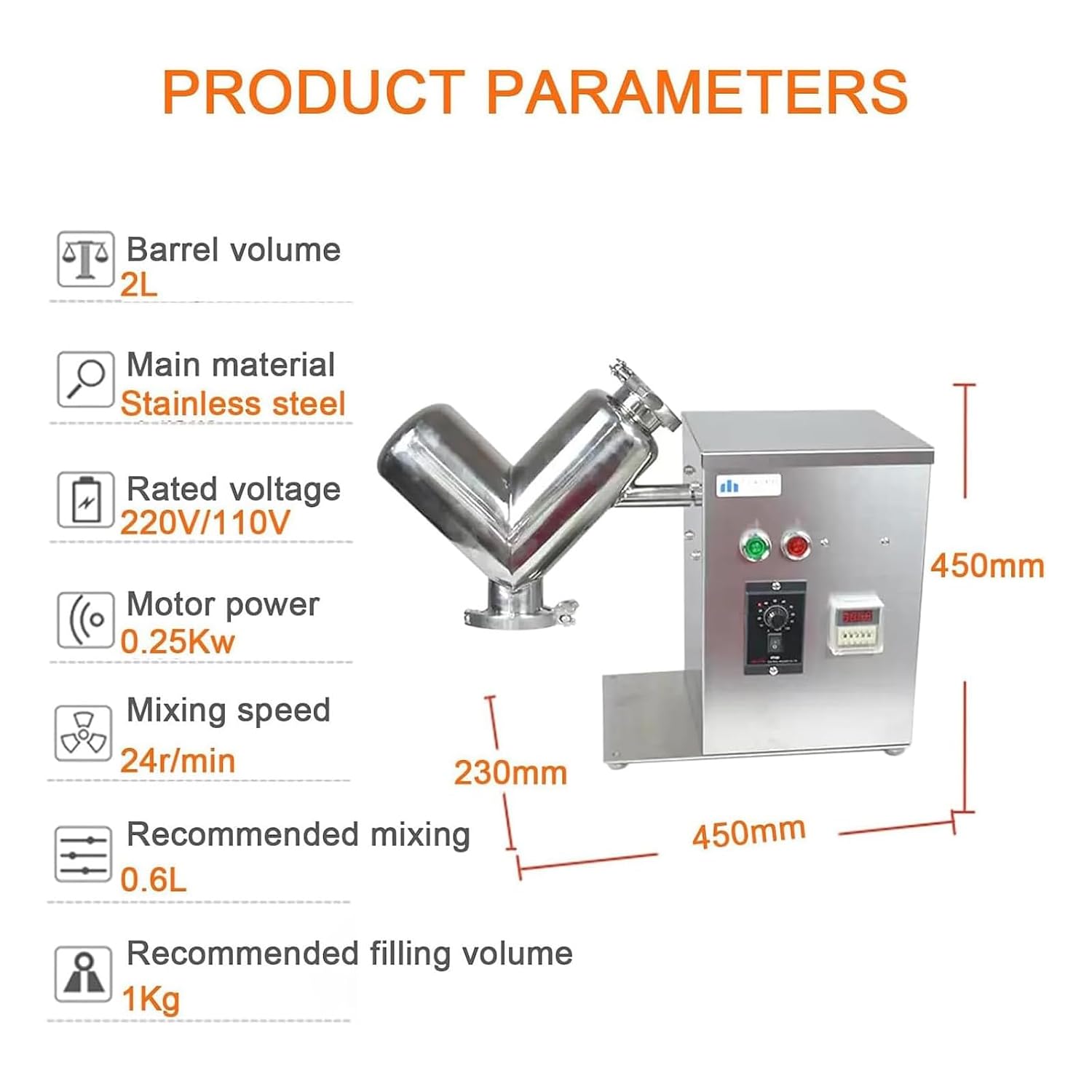 V Type Dry Powder Mixer, 304 Stainless Steel Particle Granule Blender, Feed Mixer, 2L Lab Dry Powder Mixer Mixing Machine, Material V-Shaped Blender