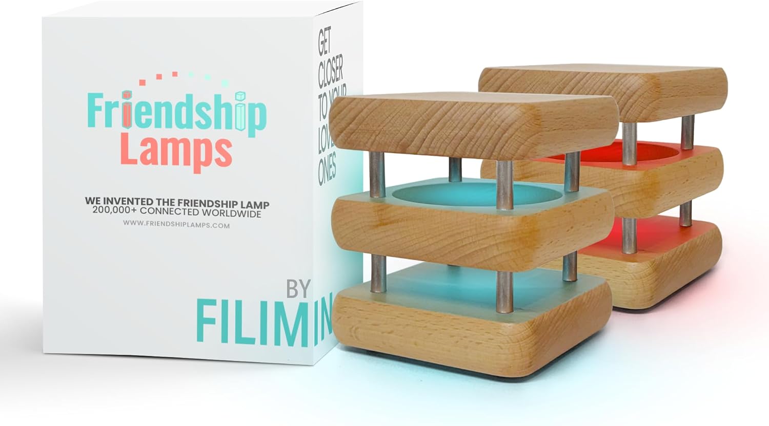 Friendship Lamp® by Filimin Mini Square Mid-Century WiFi Touch Lamp LED Light for Long Distance, Connection, Friend Gifts, Relationship, Unique Lamp, App Setup, 200+ Colors - Natural Set of 2