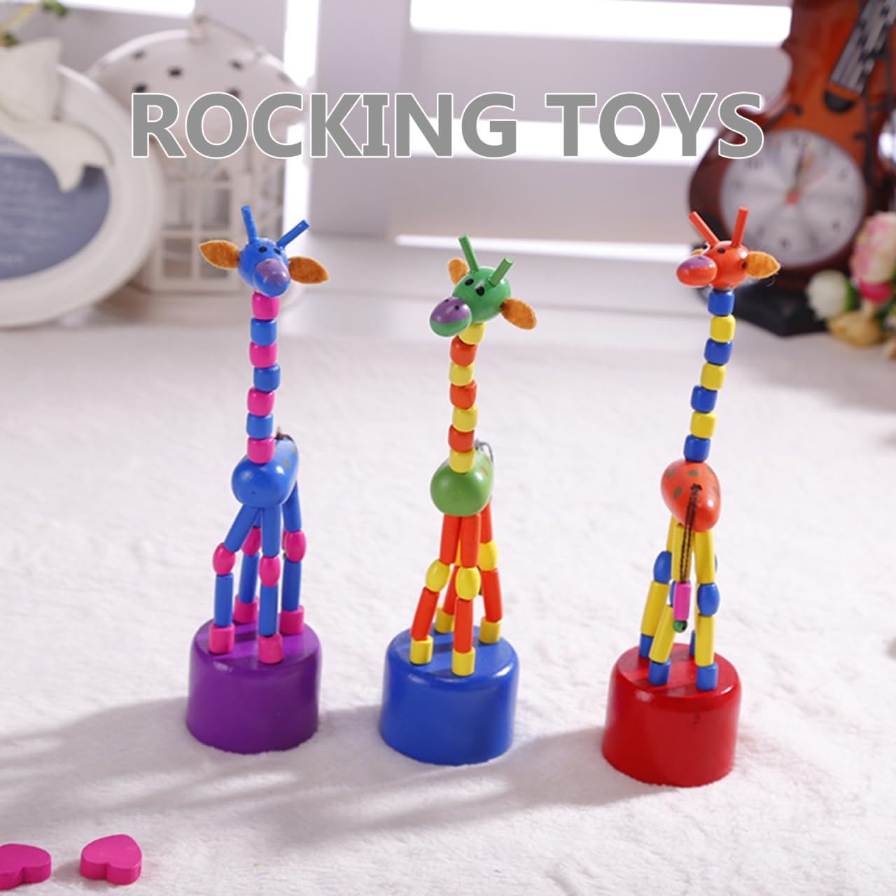 STOBOK 5Pcs Wooden Giraffe Figurine Toy, Finger Puppets Dancing Rocking Giraffe Finger Puppets Push Up Toys for Boys Kids Girls (Random Style)