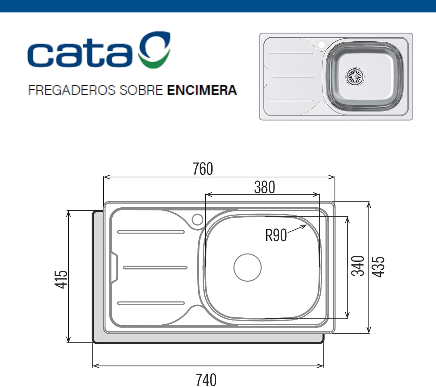 CATA Sink CDS-1 EI/A Square Basin Drainer Installation Furniture 45 cm Base Absorbent Bottom Stainless Steel Valve Basket Finish Stainless Steel