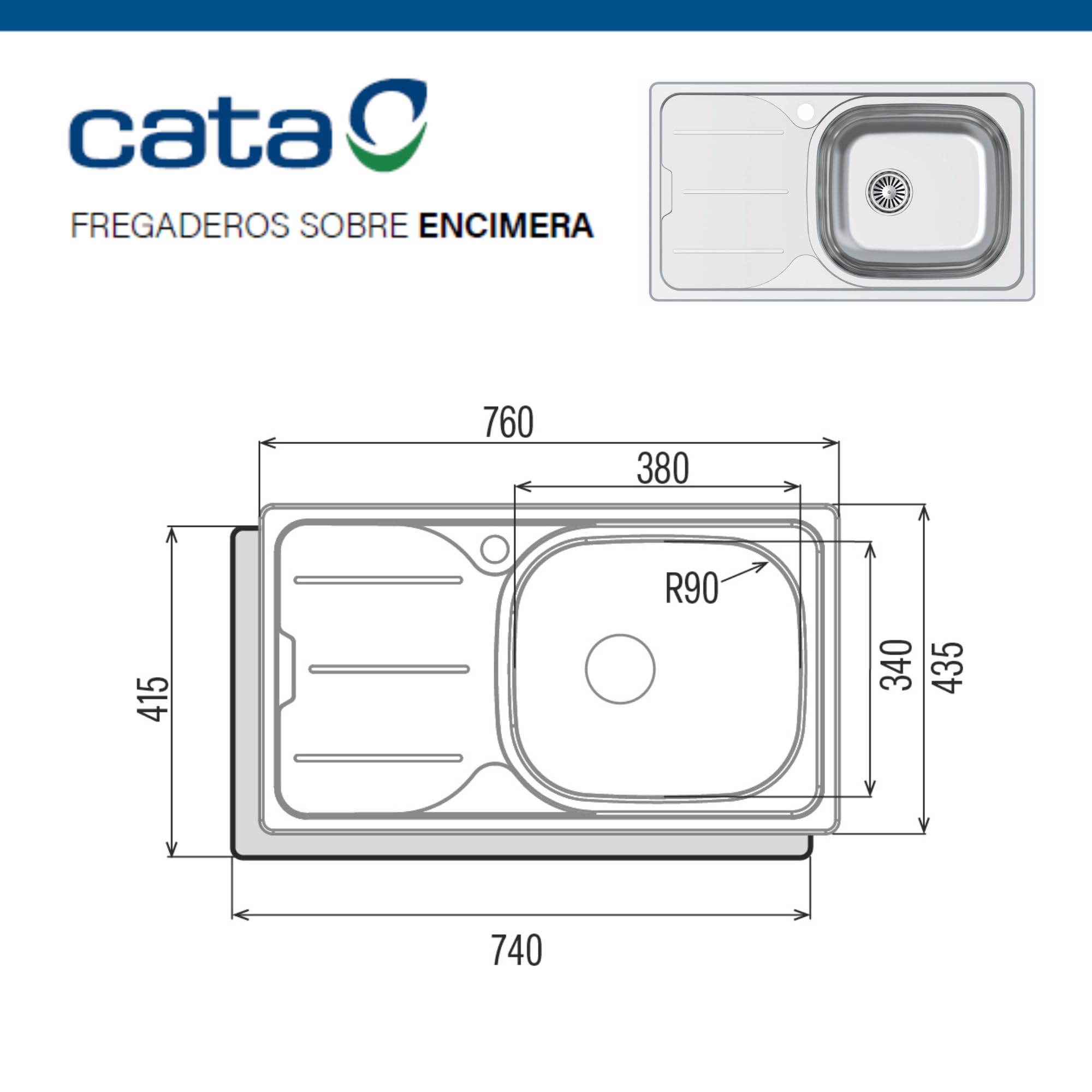 CATA Fregadero CDS-1 EI/A Cubeta Cuadrada Escurridor Instalación Mueble 45 CM Base Fonoabsorbente Acero Inoxidable Válvula Canasta Acabado Inox