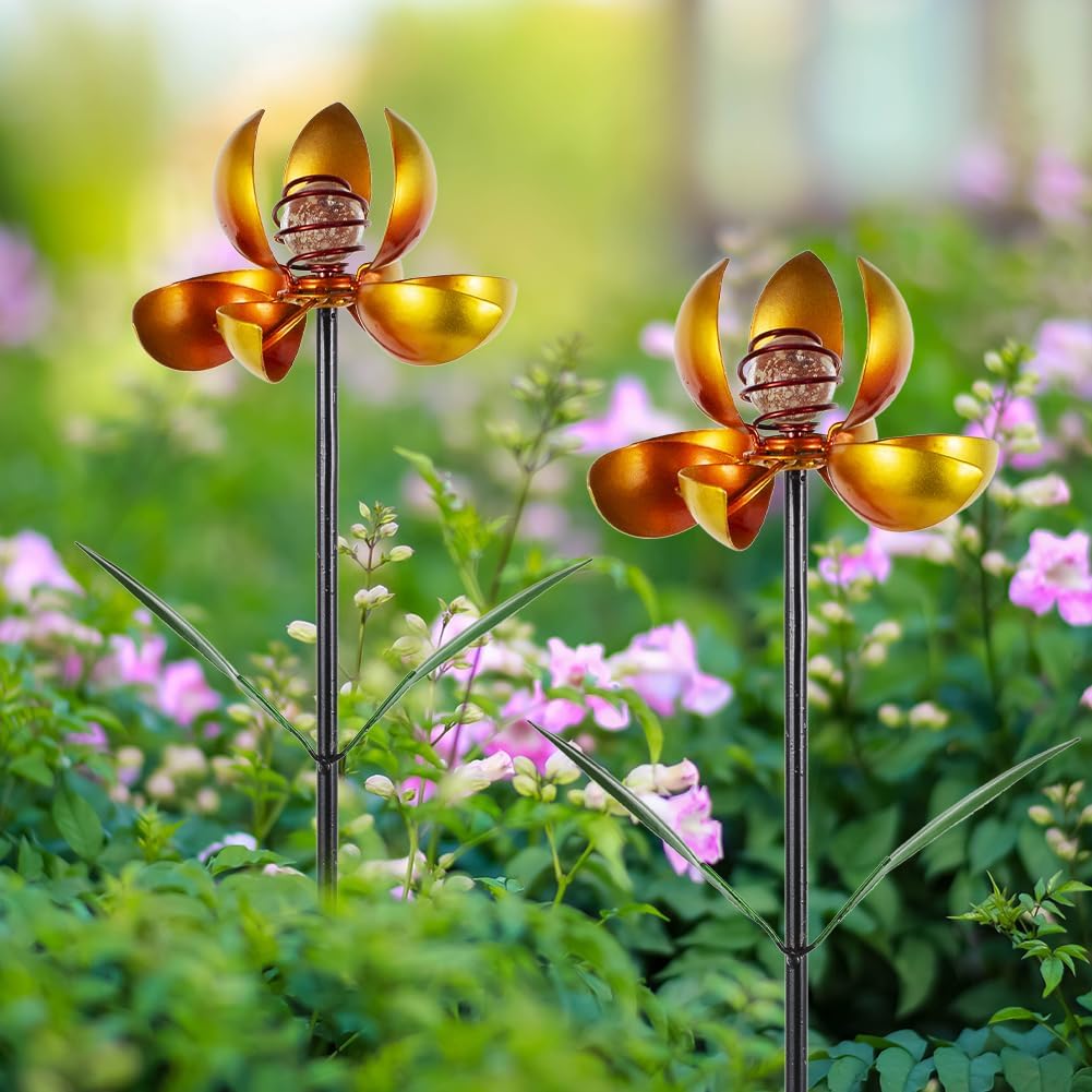 Metal Wind Spinners Outdoor,2Pack Yellow Pinwheels for Yard and Garden, Decorative Garden Stakes for Patio,Lawn, Outdoor