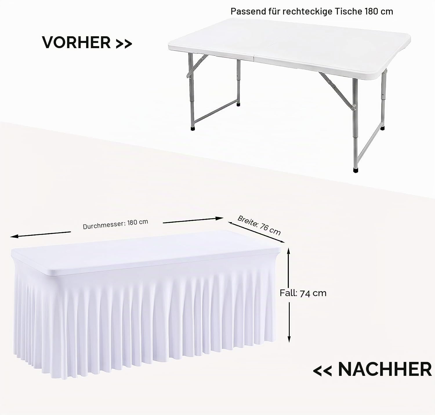 NSSONBEN 4-Pack Weiß Spandex Tischdecke für 180cm Rechteck Tische, Faltenfreie Stretch Tischdecke mit Rock für Bankett Party Hochzeit Geburtstag Meeting Display Dekoration Tischdecken