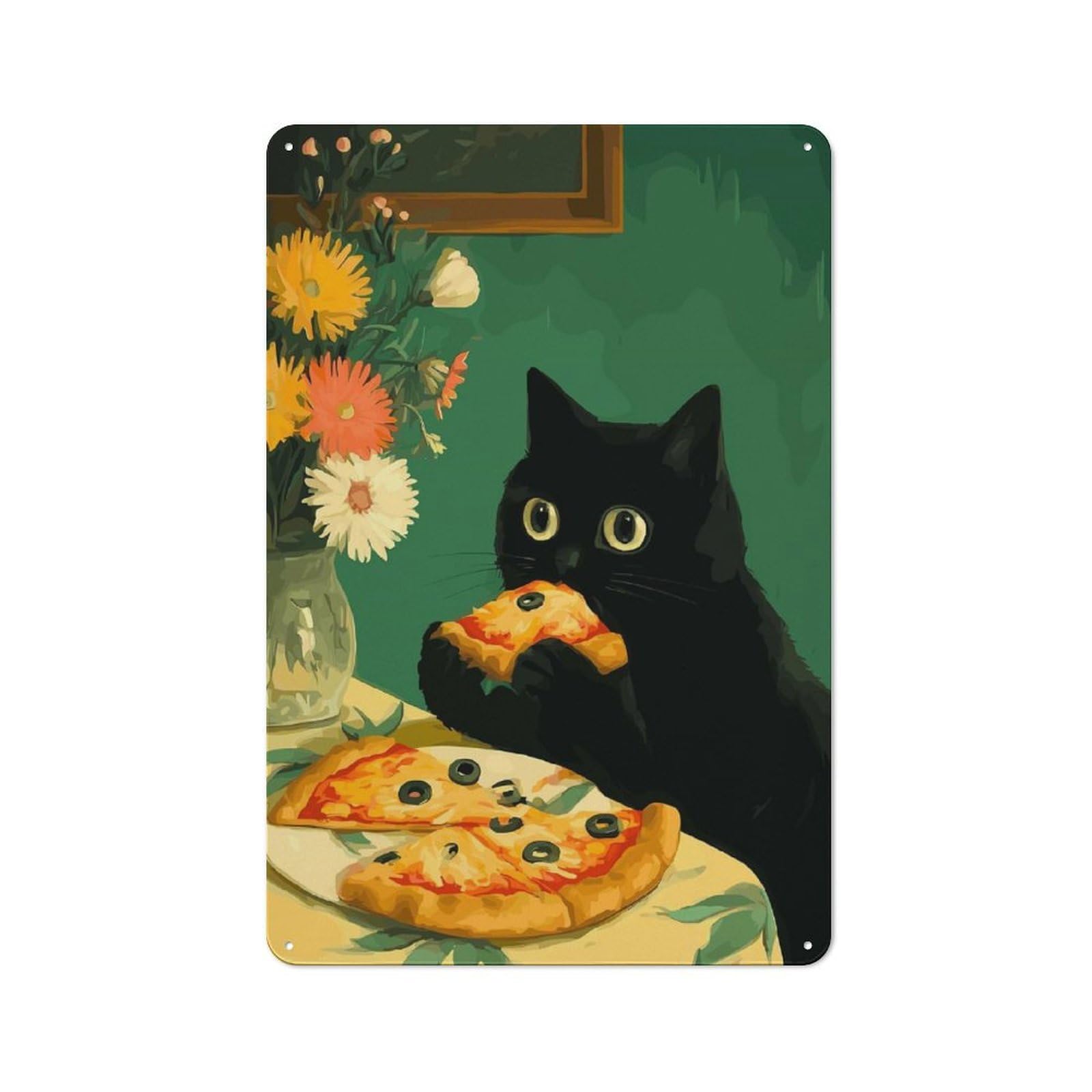 Junmoney Style-16 Metal Plaque With Black Cat Eating Pizza Art Design 30X20cm, Retro Kitchen Wall Decor For Bakery, Diner, Cafe Or Family Room