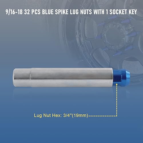 Miniatura 5 de Tuercas Spike 916-18 32 piezas de asiento de cono azul con 1 llave de enchufe de repuesto para Dodge Ram 1500 2500 3500 1994-2011 Ford F250 F350