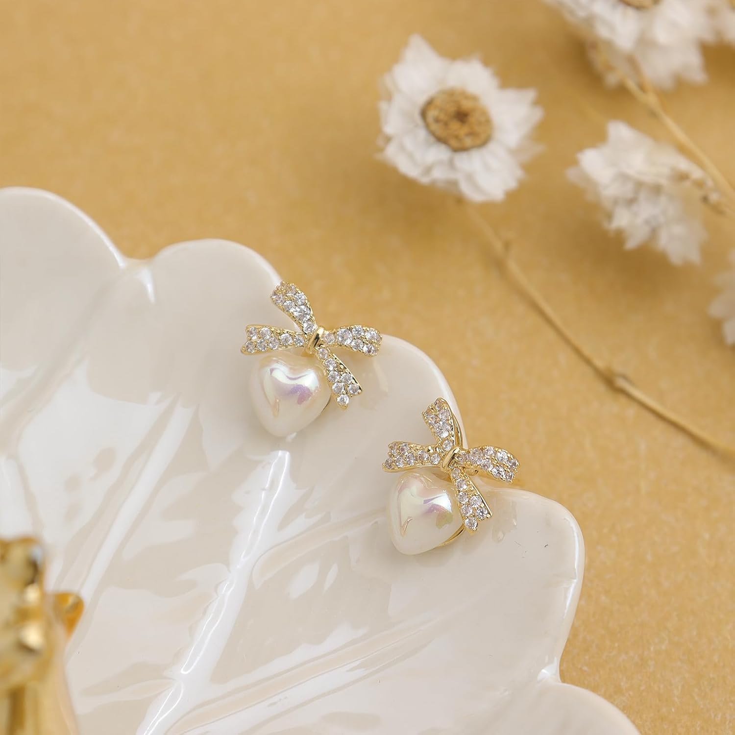 Jean Beau Pearl Bow Stud Earrings for Women, Christmas Dainty Pearls Cubic Zirconia Heart Earring Wedding Prom Xmas Holiday Accessories Costume Fashion Jewelry Gift - Image 4