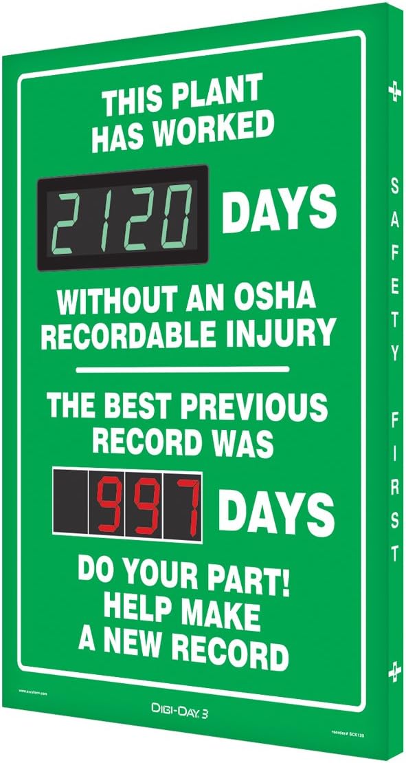 Accuform SCK120 Digi-Day Electronic Scoreboard, \"THIS PLANT HAS WORKED _ DAYS W/O AN OSHA RECORDABLE INJURY - THE BEST PREVIOUS RECORD WAS _ DAYS - DO YOUR PART! HELP MAKE A NEW RECORD\" 2 pack