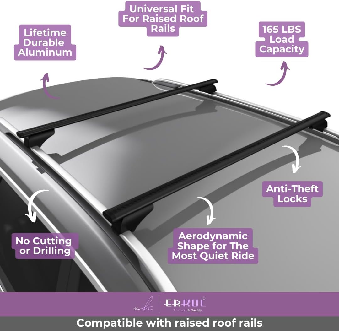 Universal Roof Rack Cross Bars - 42 to 56" Crossbars Fits Raised Side Rail Cars & SUVs | Adjustable Aluminum Aero Bars for Rooftop, Luggage, Cargo Carrier, Canoe, Kayak, Bike, Size: 56" | Black