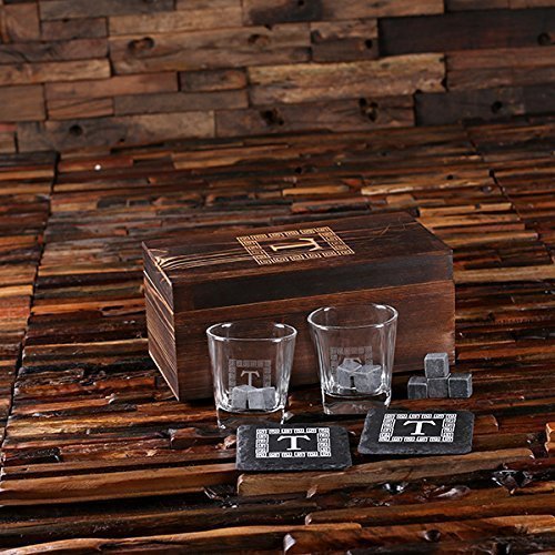 Monogram Whisky Glasses, Slate Coasters And Cooler Stones With Engraved Wooden Box #TOP4