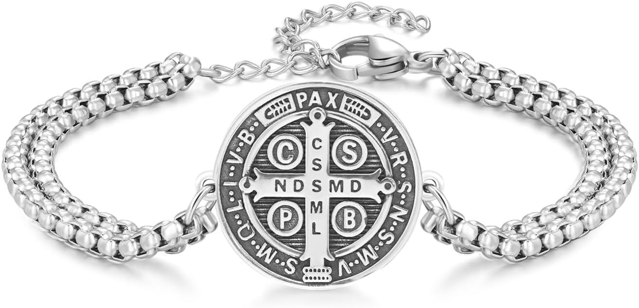 925 Sterling Silver Patron Saint Medal Bracelet with Stainless Steel Double Chain 7"+2"