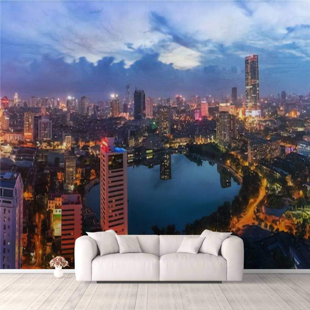 Modern 3D PVC Design Removable Wallpaper for Bedroom Living Room Hanoi city by twilight period with Giang Vo lake Ba Dinh district Wallpaper Stick and Peel Wall Stickers Home Decor 100 * 144’’