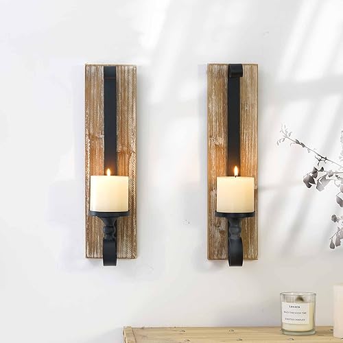 Miniatura 2 de Candelabro de pared (juego de 2) portavelas de metal y madera negro para colgar en la pared, candelabro de pared para sala de estar, baño, comedor