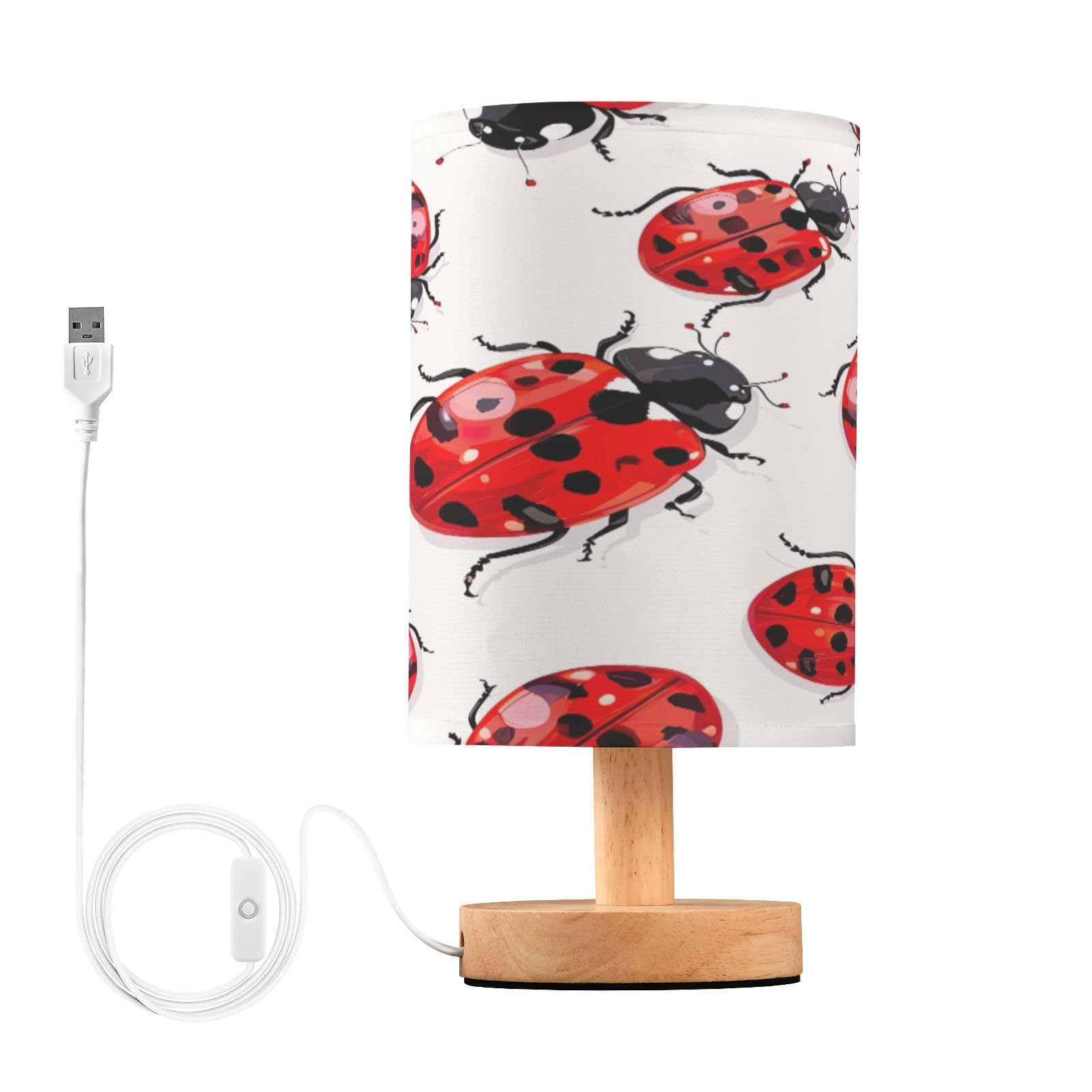 SDMKA Lady Bug Pattern Bedside Table Lamp for Bedroom, Minimalist Nightstand Lamp with Round Fabric Shade for Living Room, Office, No Bulb Required
