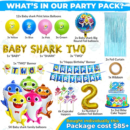 Empire Party Supply Baby Shark 2Nd Birthday Decorations, Baby Shark Two Two Two, Shark Family Foil Balloons, Banner, Cake Topper, Blue Foil Curtains For Boy Girl Ocean Themed Party Supplies #TOP1
