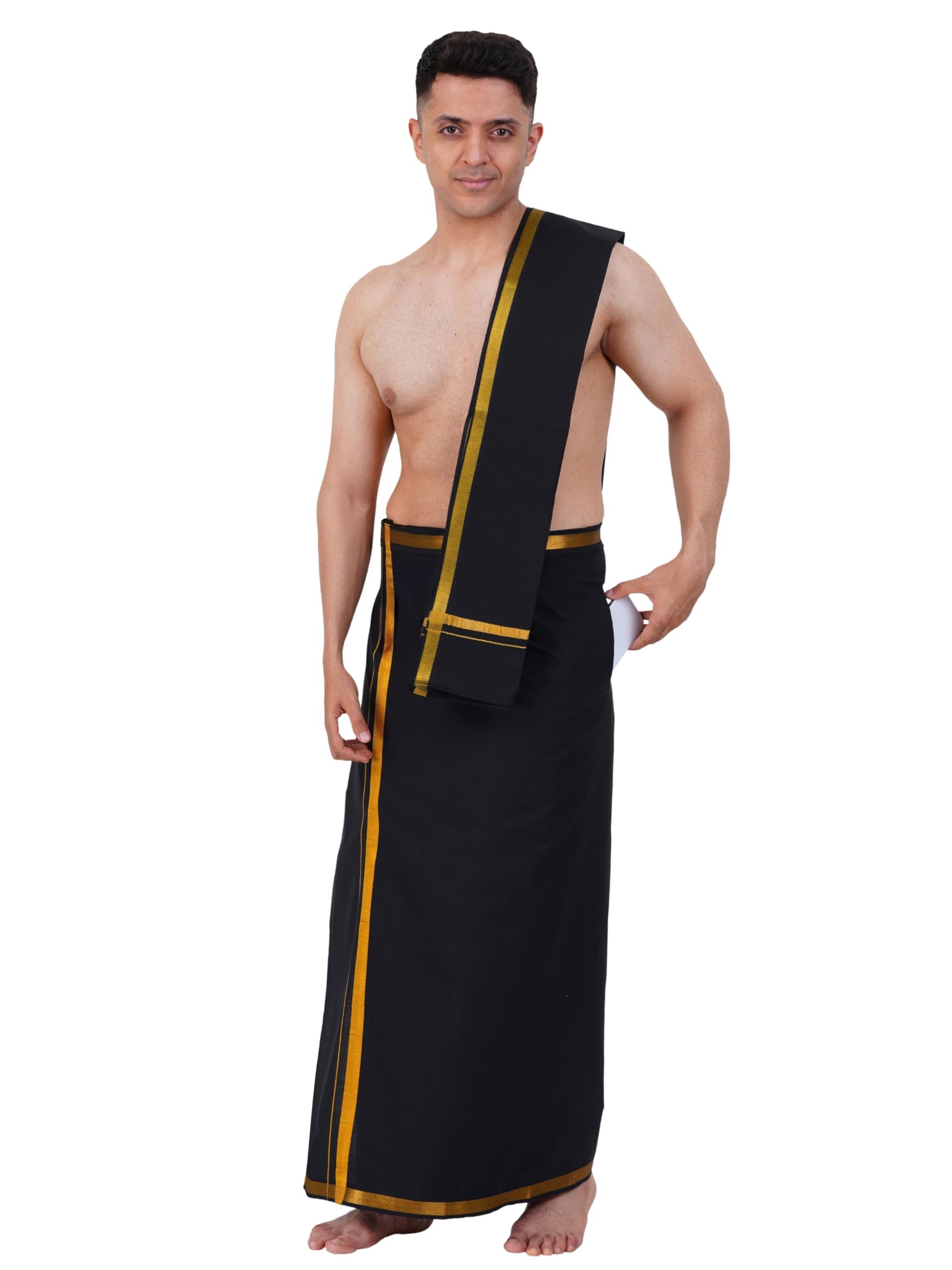 Mens Color Golden Jari Border Free Size Stitched Dhoti with Matching Jari Border towel-image-28