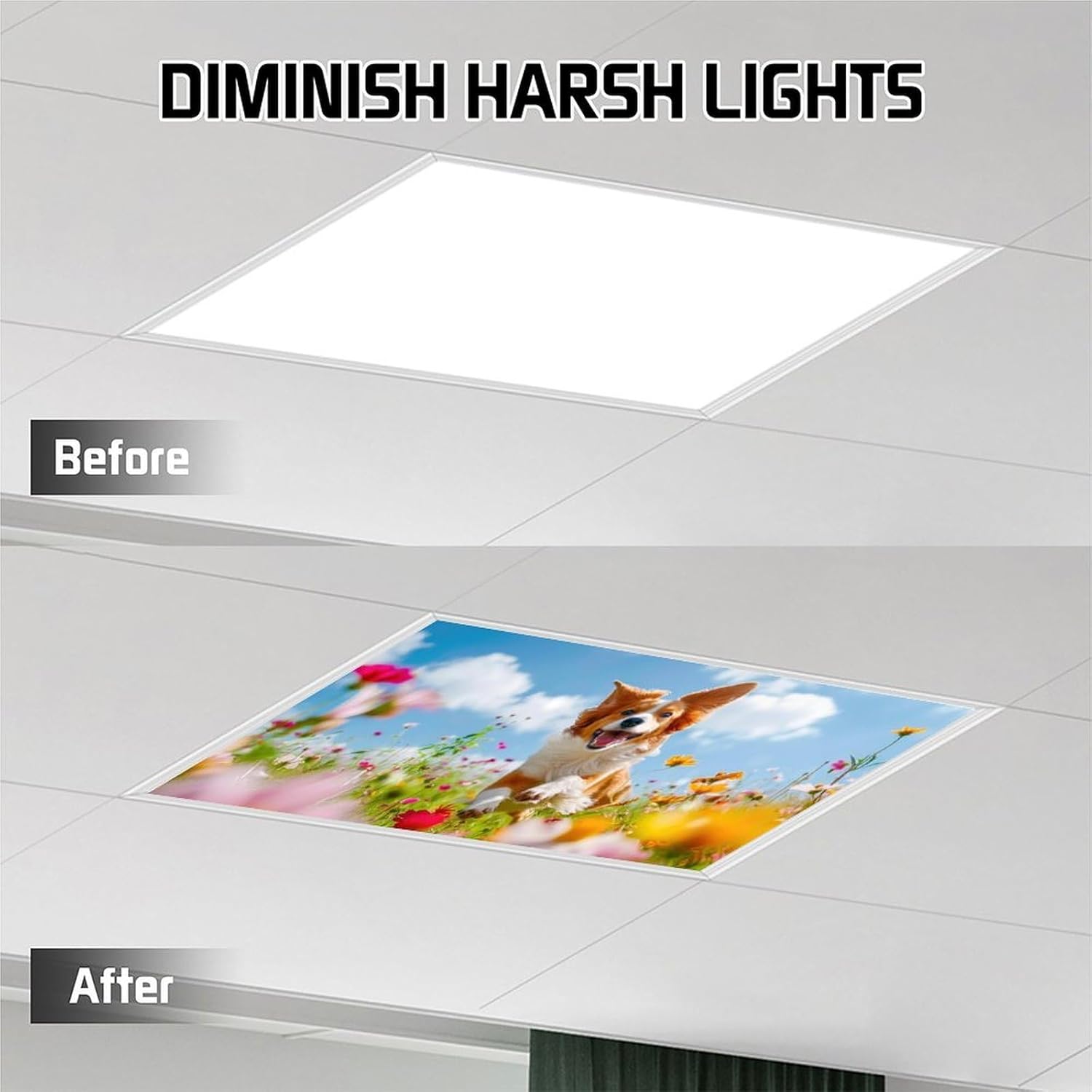 2PCS Cute Dog Magnetic Fluorescent Light Covers for Ceiling Lights 4x2 Ft, Classroom Light Filters Reduce Glare & Eye Strain, Decorative Light Diffuser Panels for School Office Home