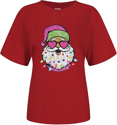 Comigeewa Camiseta de manga corta para verano, otoño, cuello redondo, diseño de Feliz Navidad, camisetas lisas para mujer, para descansar, a la moda