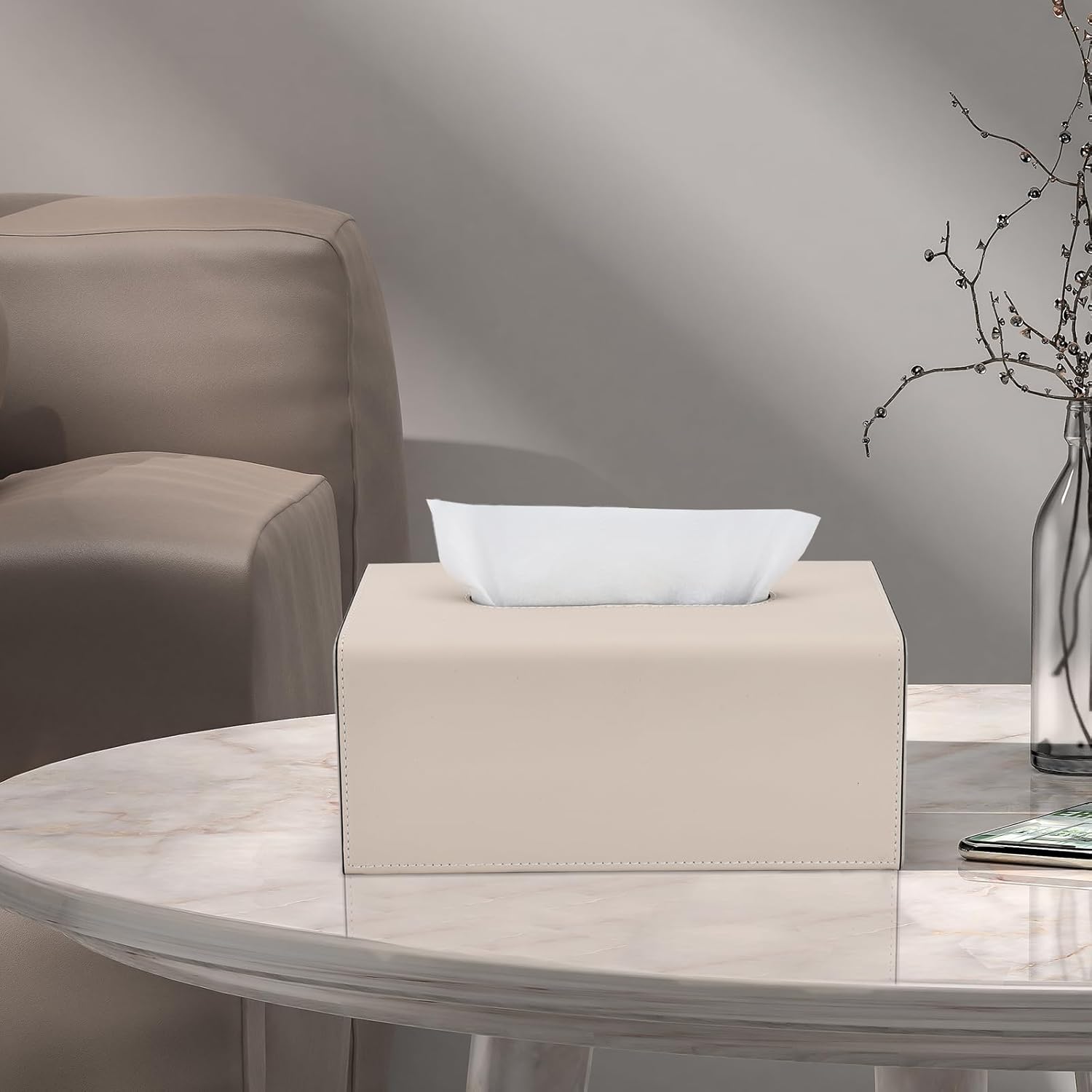 Tissue Box Cover, PU Leather Rectangular Tissue Box Holder with Magnetic Bottom Cover for Facial Tissues/Napkins, Office & Living Room Decor Box for Standard 120-count (3-Ply) 160-count (2-Ply) Beige