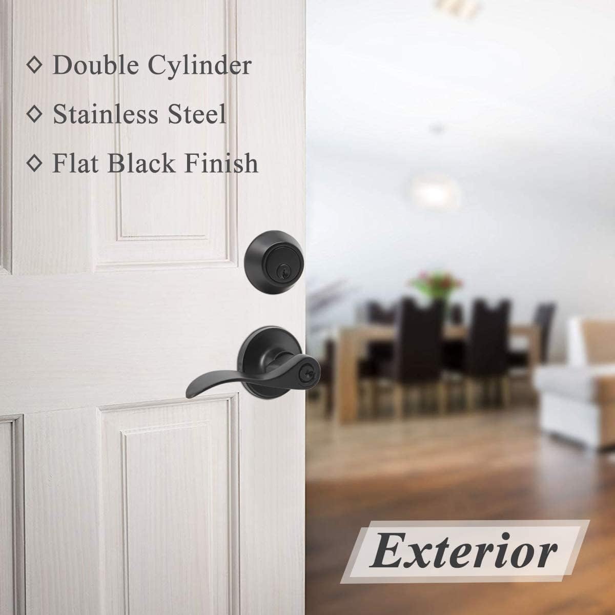 Probrico (4 Pack Entrance Lever Door Handle, Reversible for Right and Left Side, Double Cylinder deadbolt Set, Flat Black Finish Keyed Alike Combo