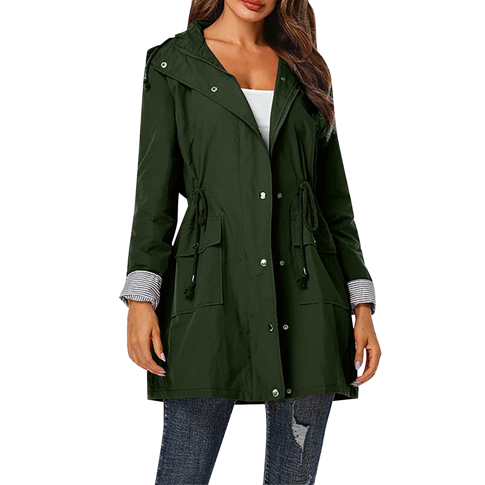 Generisch Chaqueta de entretiempo para mujer, elegante, parka para la lluvia, impermeable, larga, transpirable, ligera, entretiempo, cortavientos, chaqueta funcional con capucha