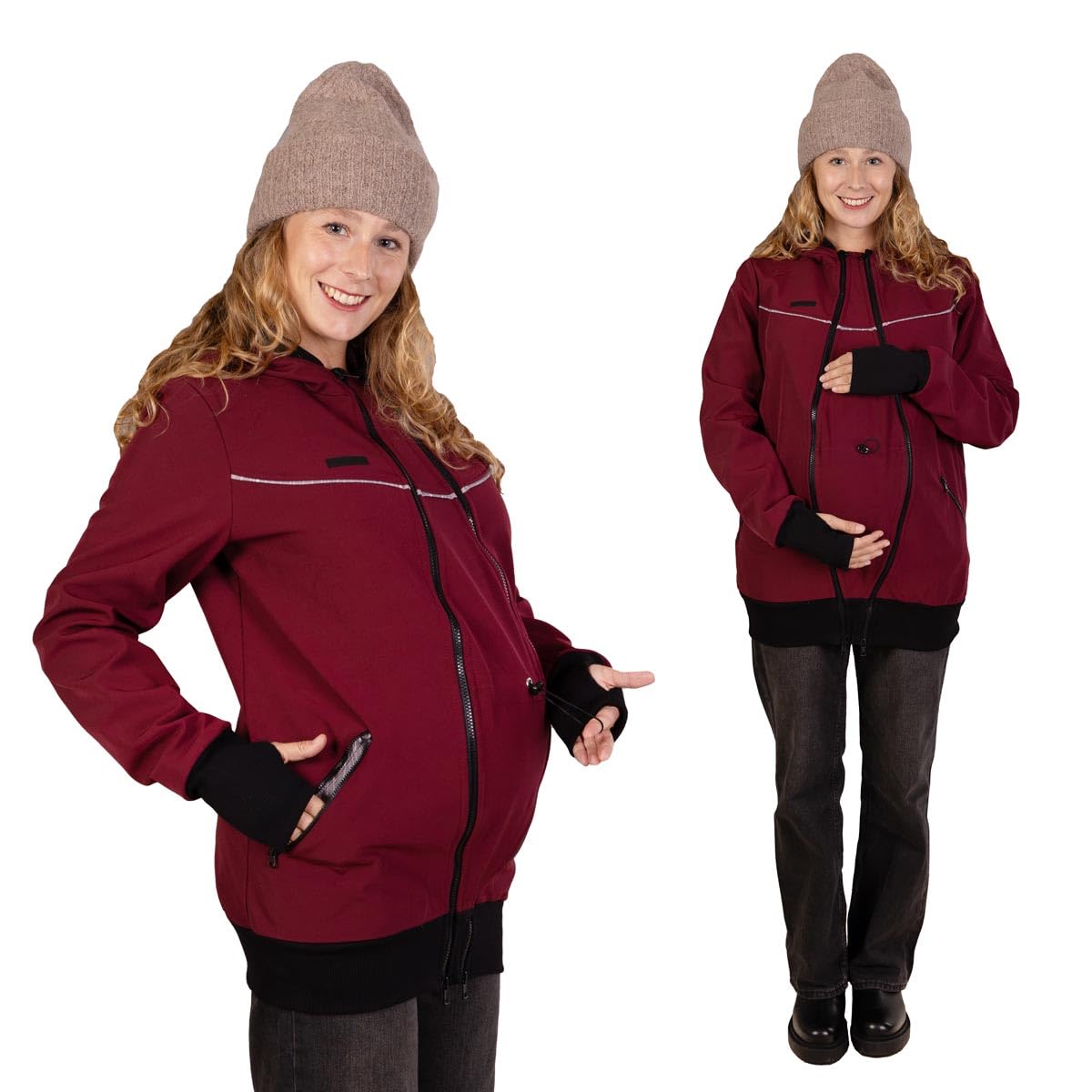 Viva la Mama - 4in1 Allwetter Tragejacke für Vorn- und Rückentragen Umstandsjacke Softshell - AVENTURIS - Burgunder - L