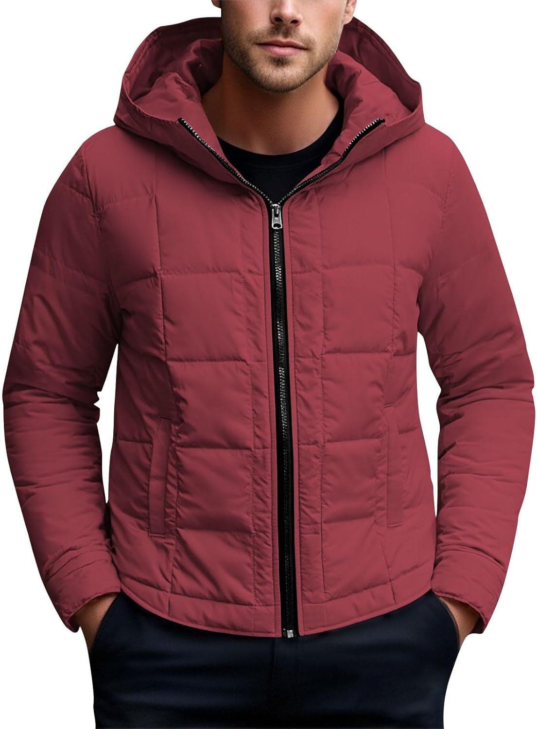 Mens Fashion Puffer Jacket Lightweight Zip Up Long Sleeve Cropped Down Coat Hooded Streetwear Winter Top with Pocket