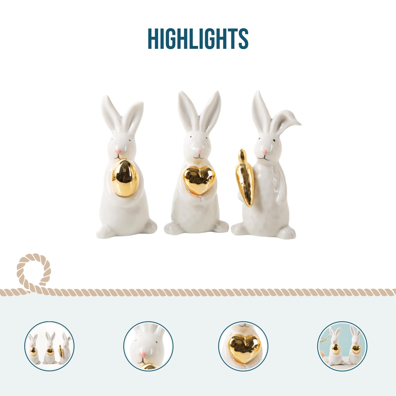 Figure conigli pasquali decorativi, 3 pezzi: conigli pasquali in porcellana, decorazioni pasqua e primavera, decorazione pasquale moderna, set regalo pasqua, addobbi per la casa, oro e bianco, 12,5 cm