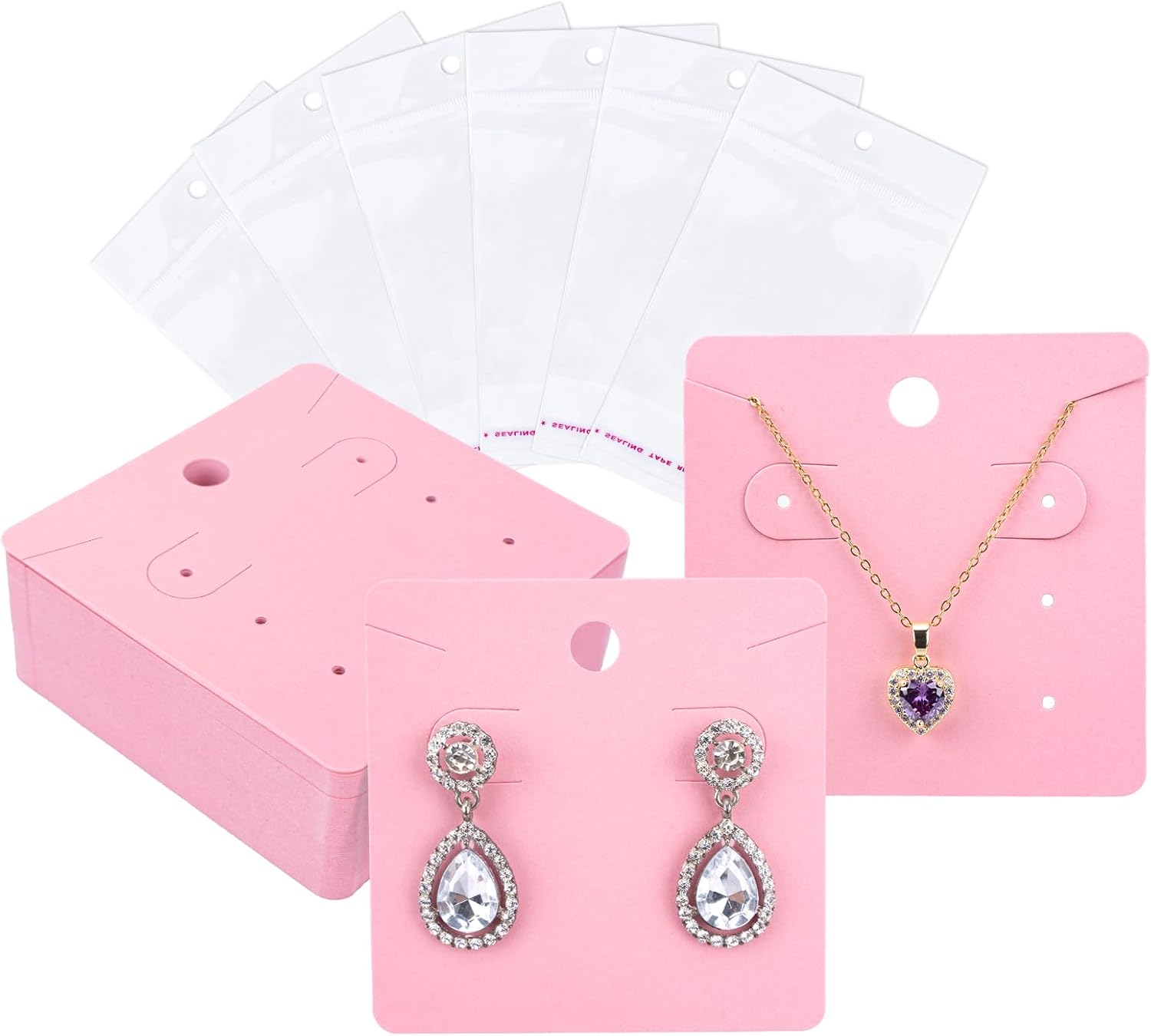 joycraft 6 Holes Earring Display Cards with Bags - 100Pcs Pink Paper Necklace Display Cards, 2.95 In Square Jewelry Card for Selling, Small Business, Craft Fair, Retail Display