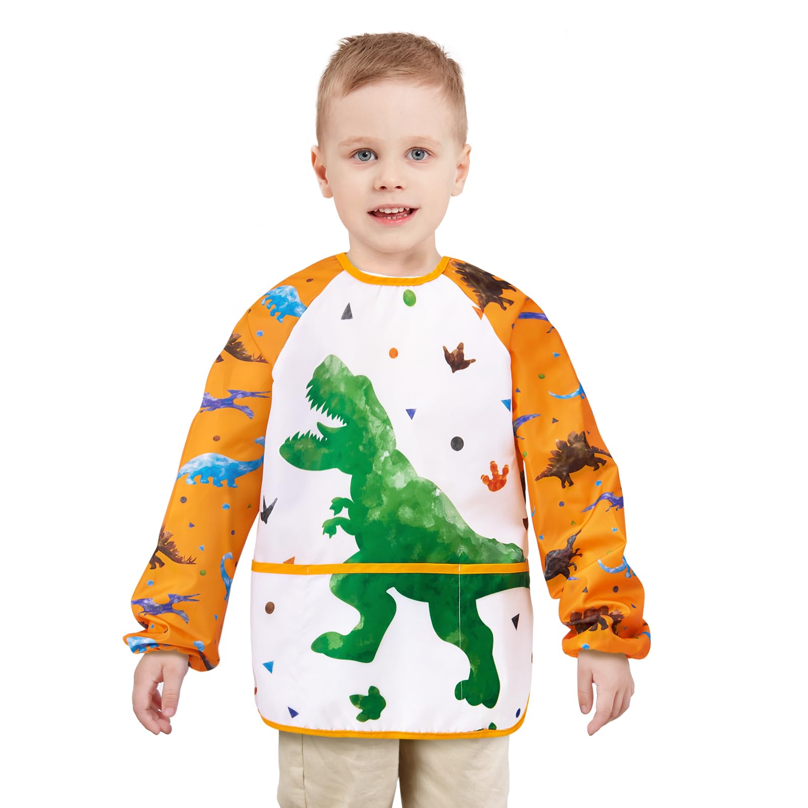 WERNNSAI Kids Art Smock for Boys - Dinosaur Kids Aprons Waterproof Toddler Art Painting Smock for Boy 3-6 with Long Sleeve and 3 Pockets Painting Eating Cooking Baking Gardening Apron โ image 1