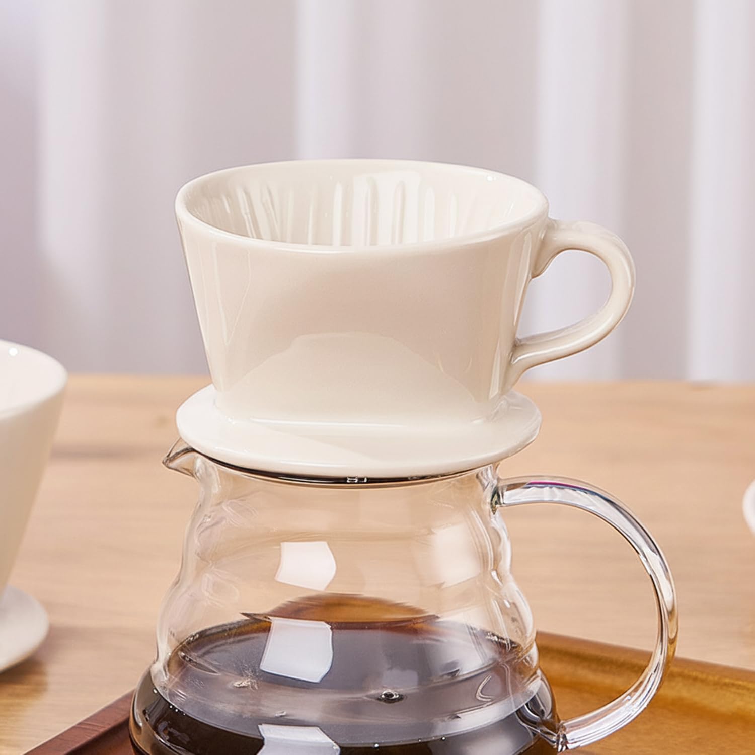 Amailtom Ceramic Pour Over Coffee Dripper, Manual Slow Brew Coffee Maker with Open Base Design for Precise Extraction, Single Cup Porcelain Brewer, White