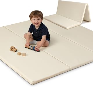 SEPARO Thick Trifold Baby Play Mat,Soft Vegan Leather 47x47 Play Mat for Playpen,Foldable Tummy Time Foam Floor Mats,Waterproof & Wipe-Clean for Toddler,Kids & Infants Playroom,Beige