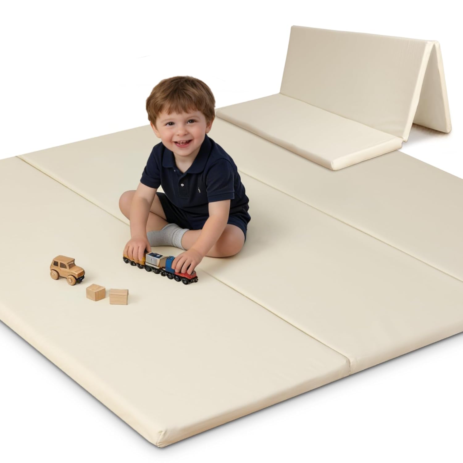 SEPARO Thick Trifold Baby Play Mat,Soft Vegan Leather 47x47 Play Mat for Playpen,Foldable Tummy Time Foam Floor Mats,Waterproof & Wipe-Clean for Toddler,Kids & Infants Playroom,Beige